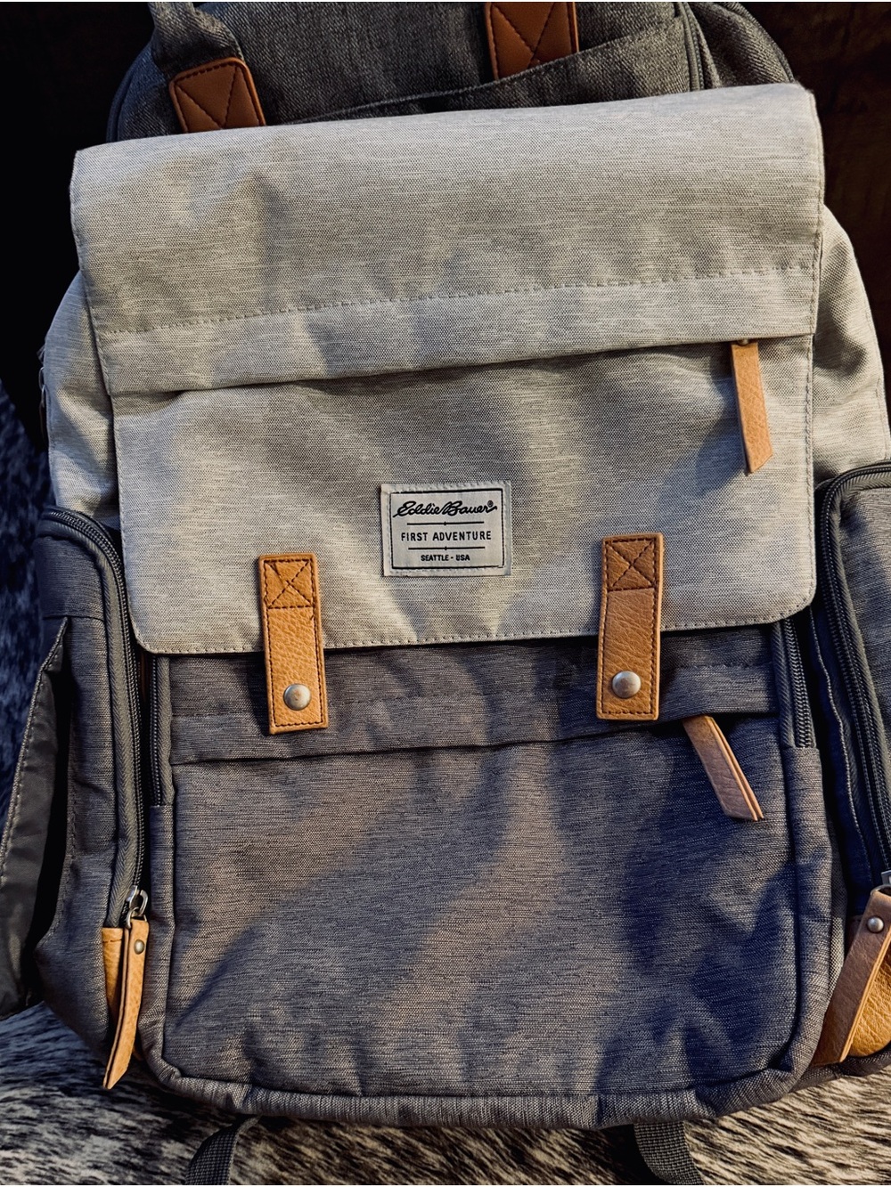 Eddie Bauer Gray Canvas diaper or Adventure Backpack
